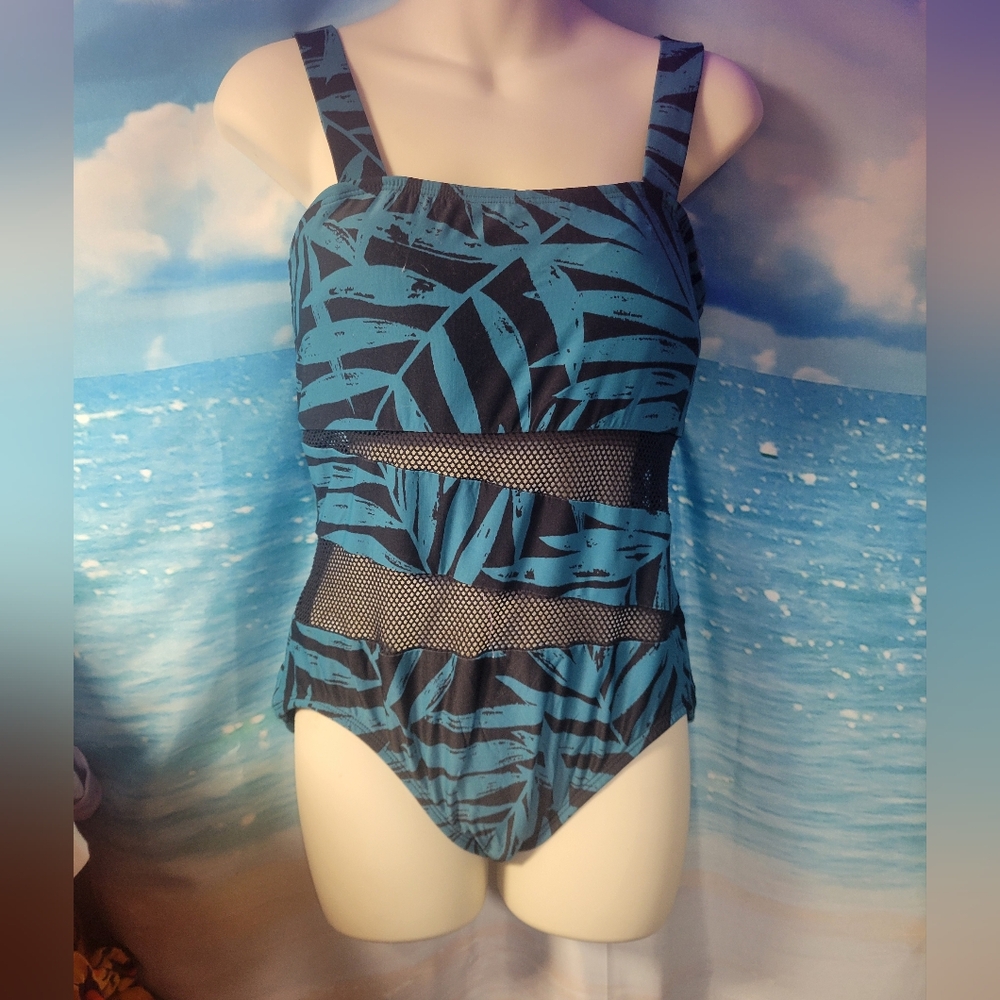 Carmen Marc Valvo NWOT Swimsuit‎ Mesh Panels Size 14 Blue/Black